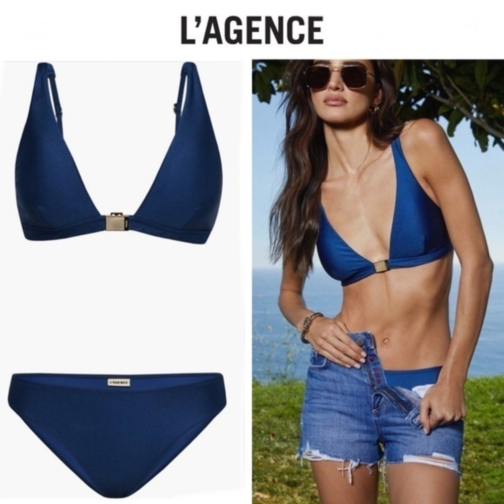 L’AGENCE Levie Shimmer Bikini Set in Blue Top Sz L Bottom Sz M NWT $235